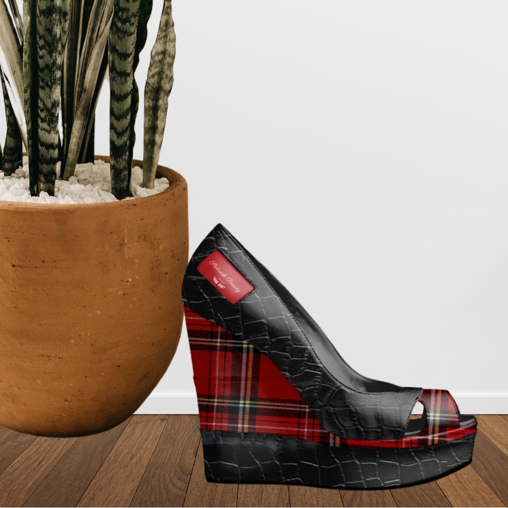 Scottish Luxury Croc & Plaid Wedges